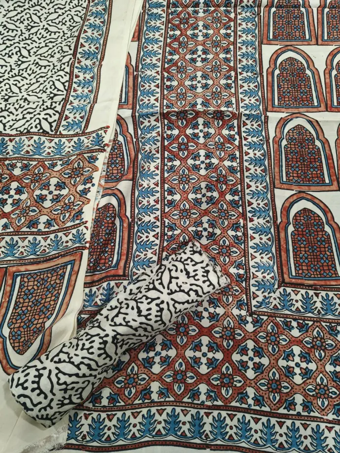 Natural dyed handblock printed cream 3 pic suit