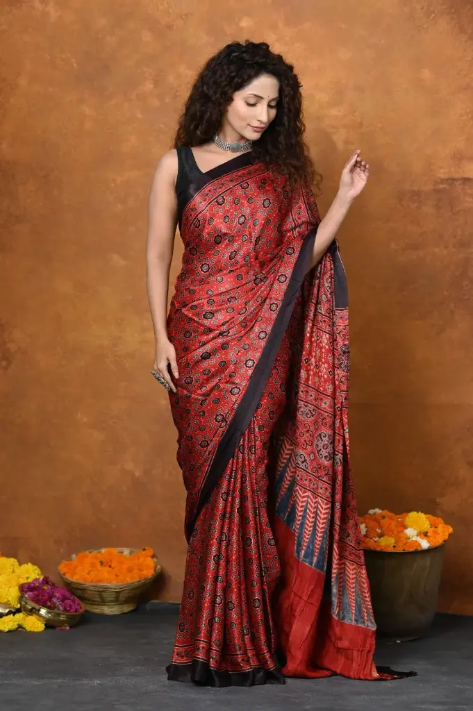 Premium modal silk ajrakh handblock printed natural dyed red saree